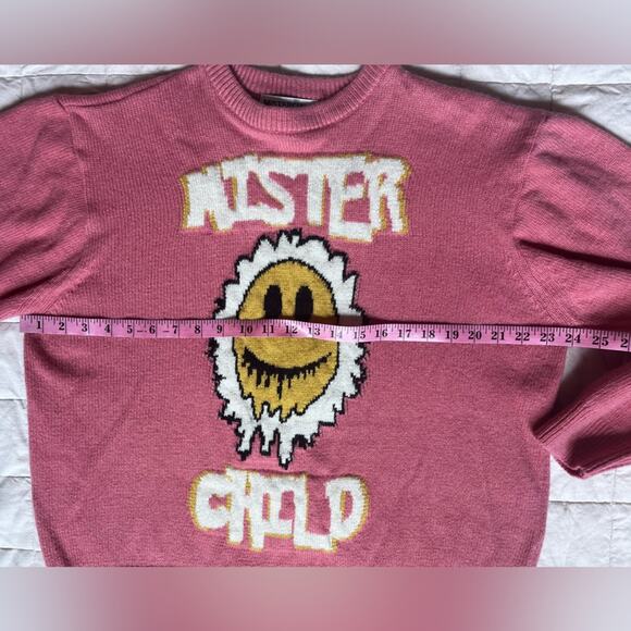 Mister Child Spell Out Wool Blend Pink Smiley Graphic Sweater Korean K Pop -M - Picture 5 of 7